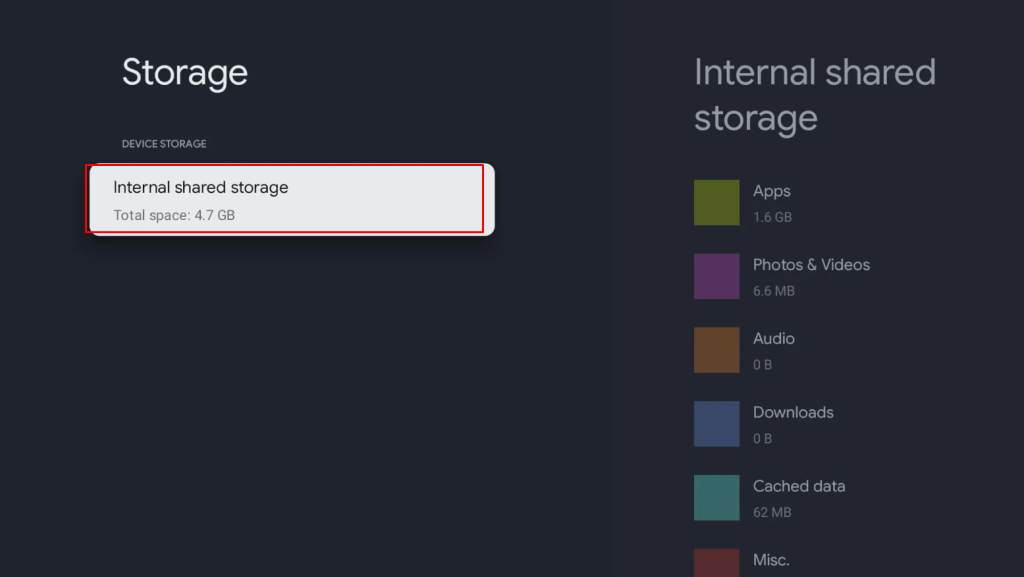 Click on internal shared storage on Google TV