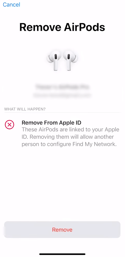 Select Remove to Turn Off Location on AirPods