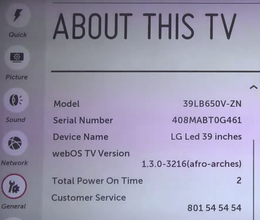 Model Information Page of LG Smart TV