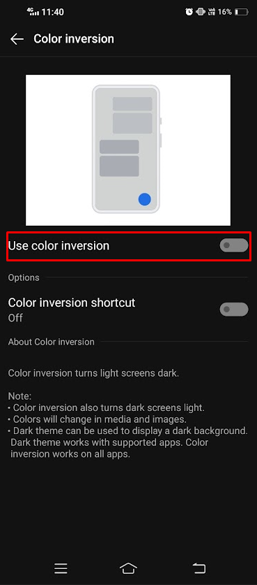 Toggle on Use Color inversion option on Android to switch to Spotify Light Mode
