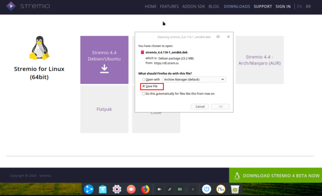 Click on Save file to watch Stremio on Linux 