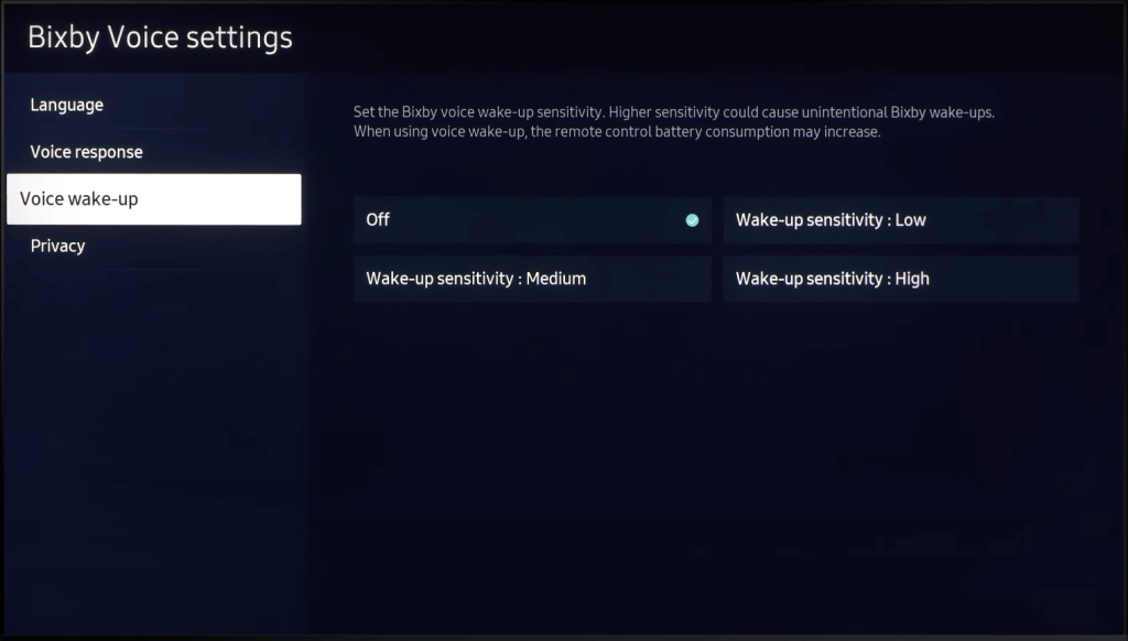 Turn Voice Wake-up to Off to Turn Off Bixby on Samsung Smart TV