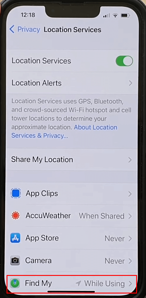 Tap Find My in the Location Services