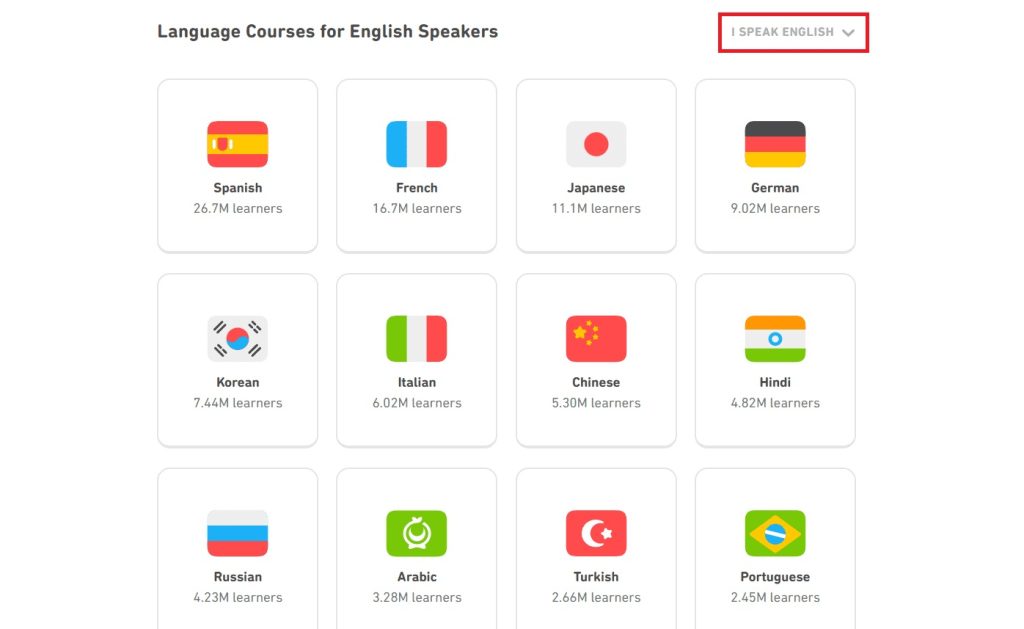 tap the I speak drop-down on Duolingo website