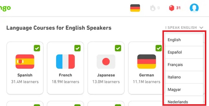 Change language on Duolingo - base languages