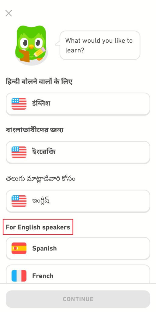 choose the language to change it on Duolingo