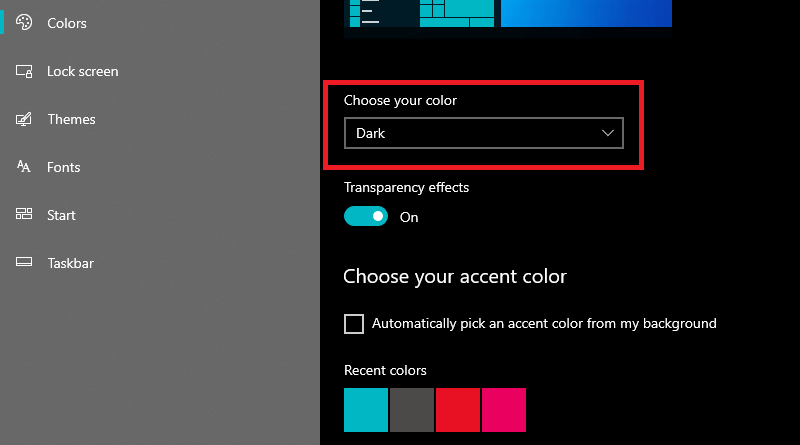 Select Dark in the Choose Your Color Section