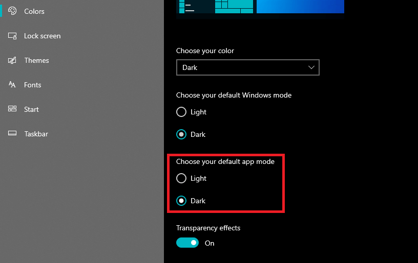 Select Dark in the Choose Your Default App Mode Section