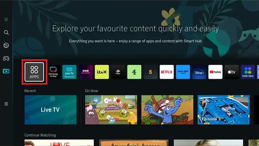 Select Apps and Search ITVX on Samsung TV