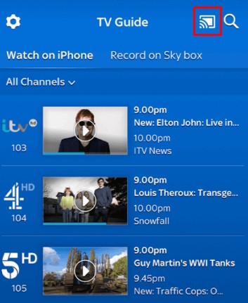 Click the Cast icon in the Sky Go app
