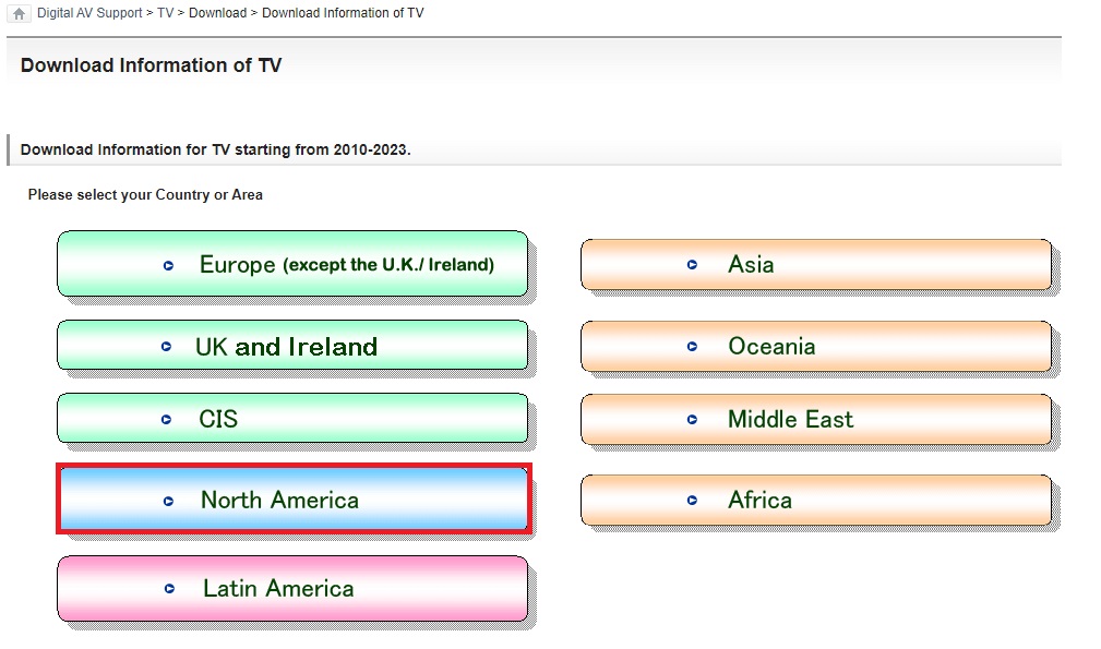 Update panasonic tv - Select country or area