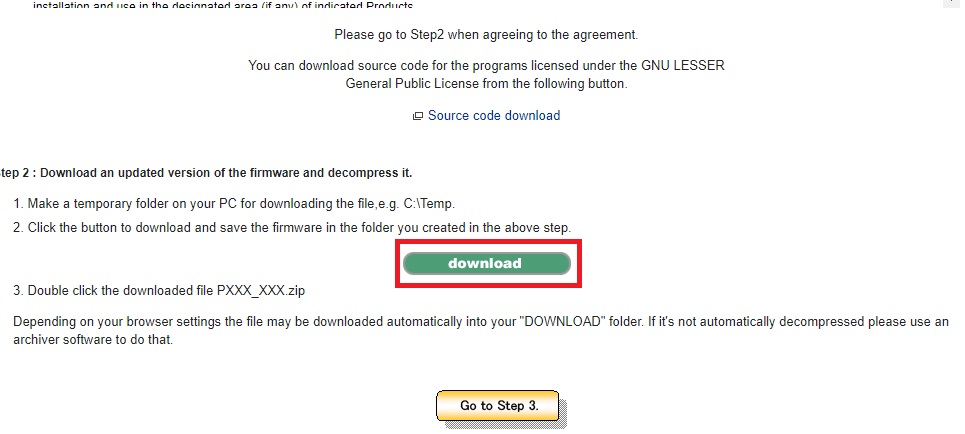 Panasonic update file download button