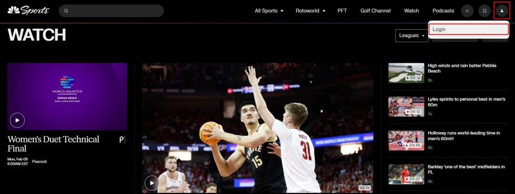 Click Login on the NBC Sports website